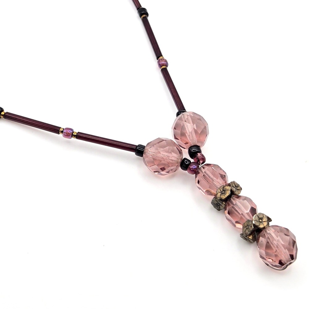 Mauve Faceted Glass Bead Y-Drop Necklace Purple Bugle Beads Floral Spacers 16"